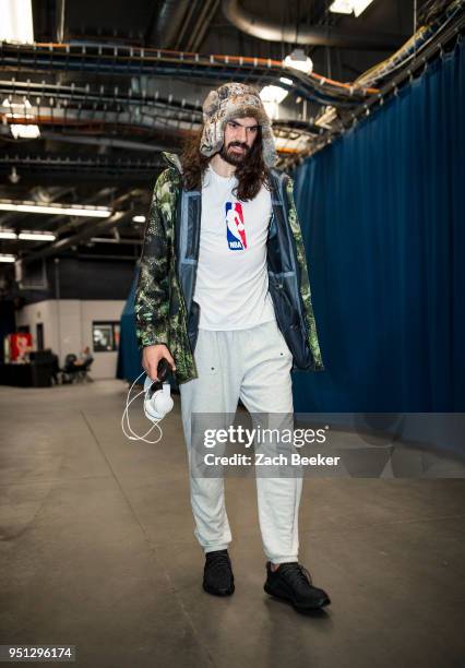 Steven Adams of the Oklahoma City Thunder arrives before the game against the Utah Jazz in Game Five of Round One of the 2018 NBA Playoffs on April...
