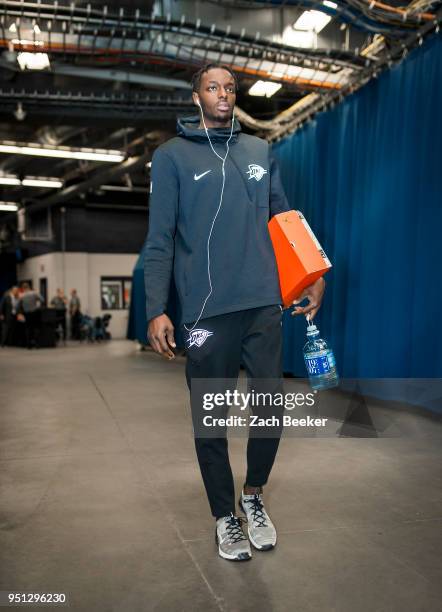 Jerami Grant of the Oklahoma City Thunder arrives before the game against the Utah Jazz in Game Five of Round One of the 2018 NBA Playoffs on April...