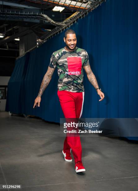 Carmelo Anthony of the Oklahoma City Thunder arrives before the game against the Utah Jazz in Game Five of Round One of the 2018 NBA Playoffs on...