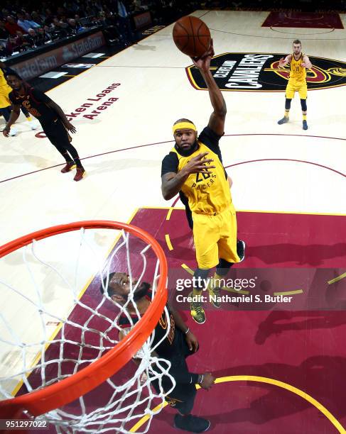 Trevor Booker of the Indiana Pacers goes to the basket against the Cleveland Cavaliers in Game Five of Round One of the 2018 NBA Playoffs on April...