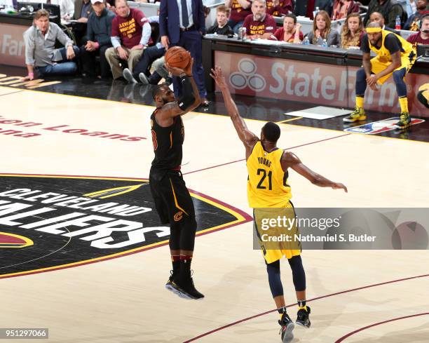 LeBron James of the Cleveland Cavaliers shoots the ball against the Indiana Pacers in Game Five of Round One of the 2018 NBA Playoffs on April 25,...