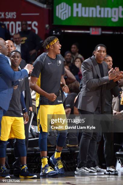 Myles Turner of the Indiana Pacers cheers during the game against the Indiana Pacers in Game Five of Round One of the 2018 NBA Playoffs between the...