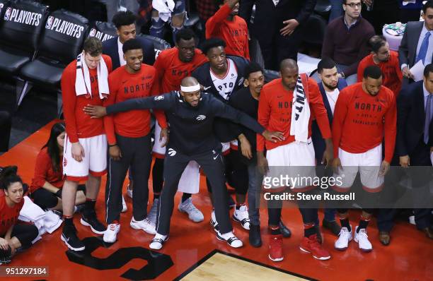 The Toronto bench holds back as the team takes the lead as the Toronto Raptors win game five of their first round of the NBA playoffs against the...