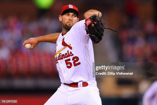 Michael Wacha of the St. Louis Cardinals delivers a pitch against the New York Mets in the first inning at Busch Stadium on April 25, 2018 in St....