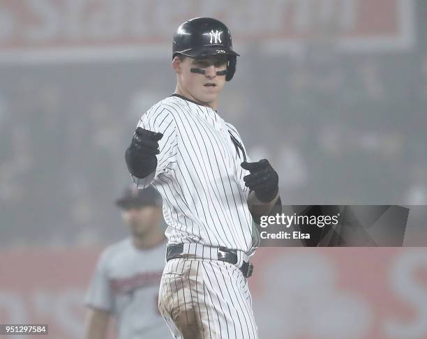 Tyler Austin of the New York Yankees celebrates his double in the seventh inning against the Minnesota Twins at Yankee Stadium on April 25, 2018 in...