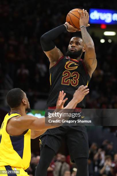 LeBron James of the Cleveland Cavaliers hits the game winning shot over Thaddeus Young of the Indiana Pacers to win Game Five of the Eastern...