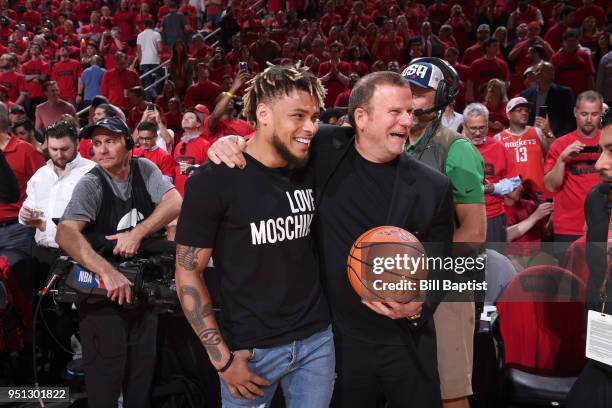 Tyrann Mathieu and Houston Rockets owner Tilman Fertitta before Game Five of the Western Conference Quarterfinals against the Minnesota Timberwolves...