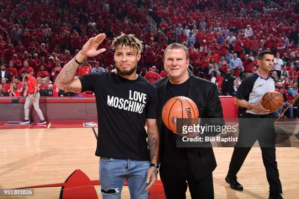Tyrann Mathieu and Houston Rockets owner Tilman Fertitta before Game Five of the Western Conference Quarterfinals against the Minnesota Timberwolves...
