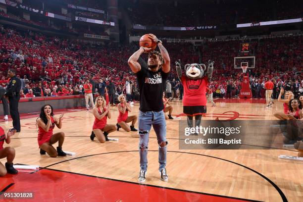 Tyrann Mathieu before Game Five of the Western Conference Quarterfinals between the Minnesota Timberwolves and the Houston Rockets during the 2018...