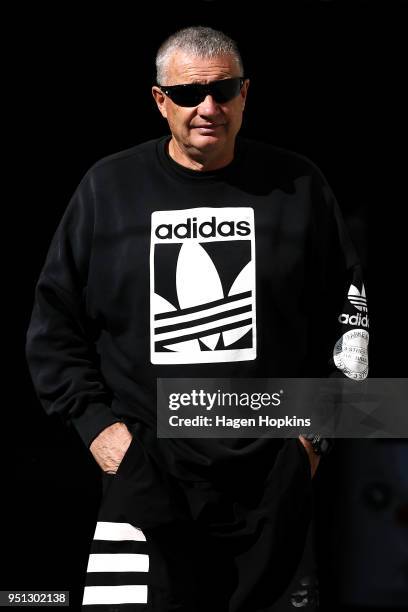 Coach Chris Boyd of the Hurricanes looks on during a Hurricanes Super Rugby Captain's Run at Westpac Stadium on April 26, 2018 in Wellington, New...