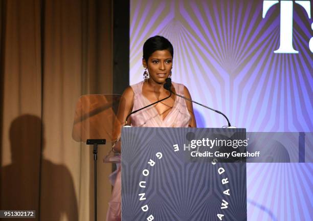 Dinner Committee member Tamron Hall speaks on stage during the Housing Works' Groundbreaker Awards at Metropolitan Pavilion on April 25, 2018 in New...