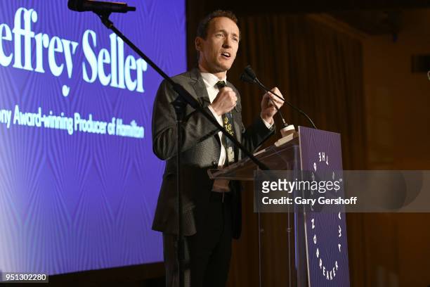 Dinner Committee member Jeffrey Seller speaksa on stage during the Housing Works' Groundbreaker Awards at Metropolitan Pavilion on April 25, 2018 in...