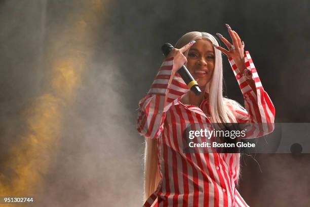 Cardi B performs at the Mullins Center at UMass Amherst in Amherst, Mass. On April 25, 2018. UMass Amherst students won a Tinder swipe-off...