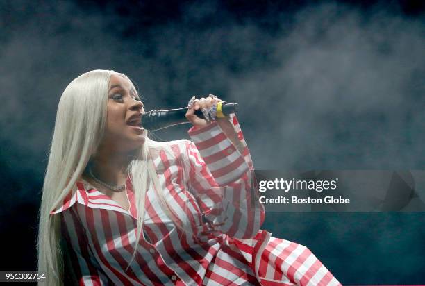 Cardi B performs at the Mullins Center at UMass Amherst in Amherst, Mass. On April 25, 2018. UMass Amherst students won a Tinder swipe-off...