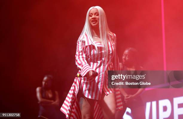 Cardi B performs at the Mullins Center at UMass Amherst in Amherst, Mass. On April 25, 2018. UMass Amherst students won a Tinder swipe-off...