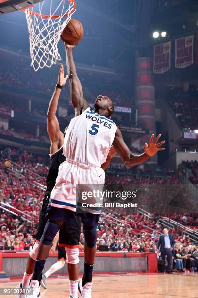 Gorgui Dieng of the Minnesota Timberwolves grabs the rebound against the Houston Rockets in Game Five of the Western Conference Quarterfinals during...