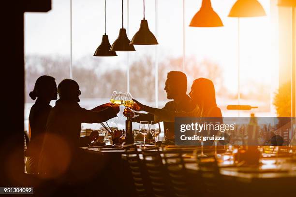 slhouette of a group of friends toasting during lunch time in a high-end restaurant - silhouette meeting stock pictures, royalty-free photos & images
