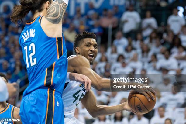 Steven Adams of the Oklahoma City Thunder forces Donovan Mitchell of the Utah Jazz to pass the ball during the first half of game 5 of the Western...