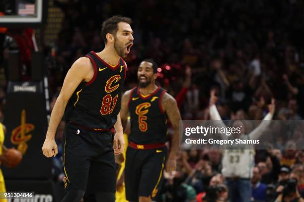 Jose Calderon of the Cleveland Cavaliers reacts to a second half three point basket while playing the Indiana Pacers in Game Five of the Eastern...