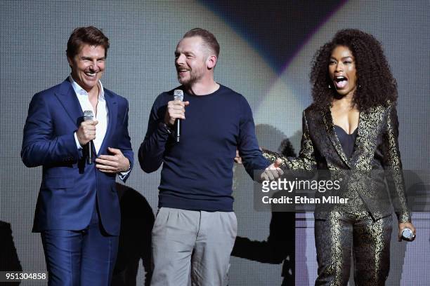 Actors Tom Cruise, Simon Pegg and Angela Bassett speak onstage during the CinemaCon 2018 Paramount Pictures Presentation Highlighting Its Summer of...