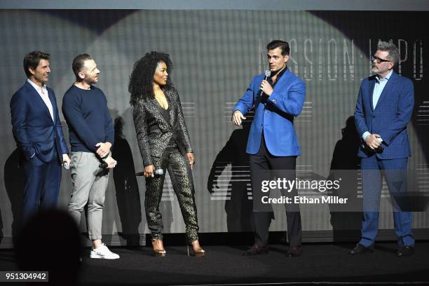 Actors Tom Cruise, Simon Pegg, Angela Bassett, Henry Cavill and director/writer/producer Christopher McQuarrie speak onstage during the CinemaCon...