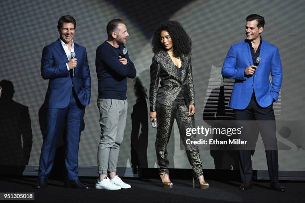 Actors Tom Cruise, Simon Pegg, Angela Bassett and Henry Cavill speak onstage during the CinemaCon 2018 Paramount Pictures Presentation Highlighting...