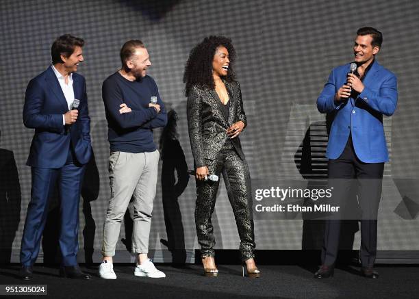 Actors Tom Cruise, Simon Pegg, Angela Bassett and Henry Cavill speak onstage during the CinemaCon 2018 Paramount Pictures Presentation Highlighting...