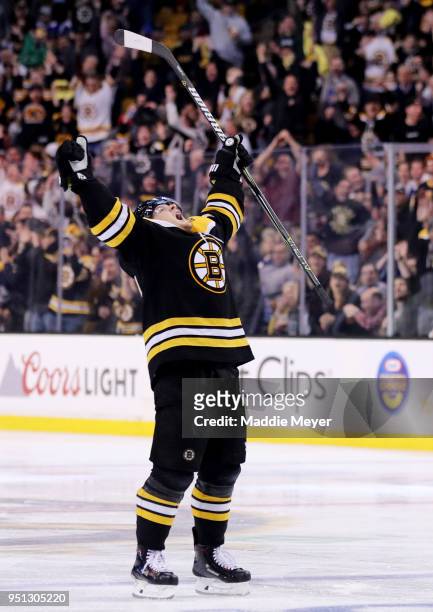 Torey Krug of the Boston Bruins celebrates after scoring a goal against the Toronto Maple Leafs during the third period of Game Seven of the Eastern...