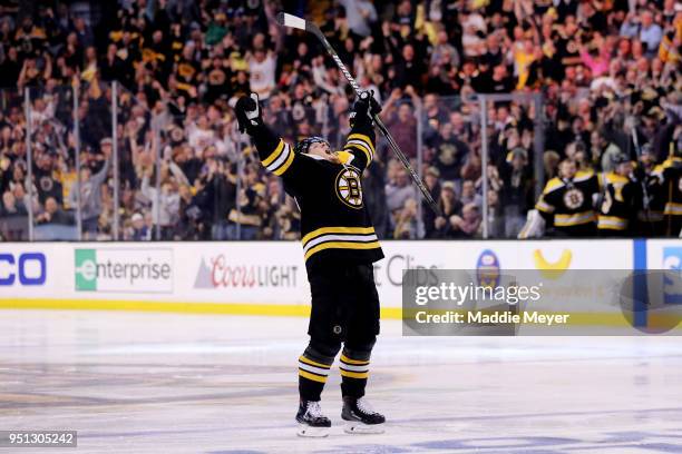 Torey Krug of the Boston Bruins celebrates after scoring a goal against the Toronto Maple Leafs during the third period of Game Seven of the Eastern...