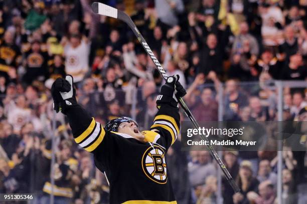 Torey Krug of the Boston Bruins celebrates after scoring a goal against the Toronto Maple Leafs during the third period of Game Seven of the Eastern...