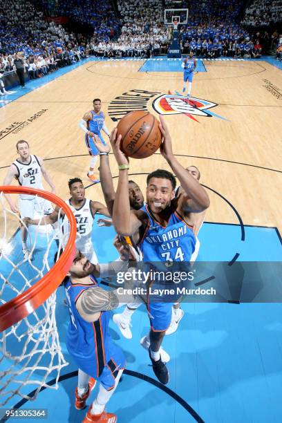 Josh Huestis of the Oklahoma City Thunder goes to the basket against the Utah Jazz in Game Five of Round One of the 2018 NBA Playoffs on April 25,...