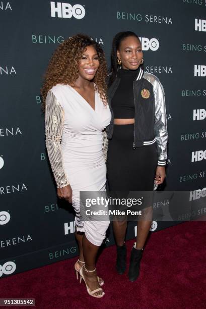 Serena Williams and Venus Williams attend the "Being Serena" New York Premiere at Time Warner Center on April 25, 2018 in New York City.