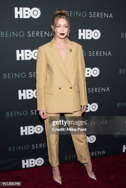 Gigi Hadid attends the "Being Serena" New York Premiere at Time Warner Center on April 25, 2018 in New York City.