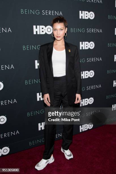 Bella Hadid attends the "Being Serena" New York Premiere at Time Warner Center on April 25, 2018 in New York City.