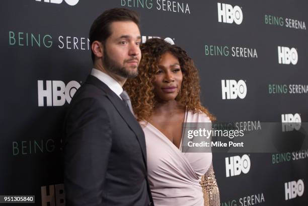 Serena Williams and husband Alexis Ohanian attend the "Being Serena" New York Premiere at Time Warner Center on April 25, 2018 in New York City.