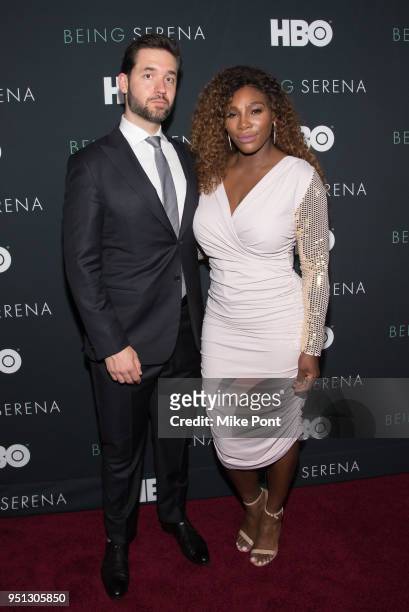 Serena Williams and husband Alexis Ohanian attend the "Being Serena" New York Premiere at Time Warner Center on April 25, 2018 in New York City.