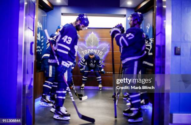 Morgan Rielly of the Toronto Maple Leafs gets ready to exit the dressing room before playing the Boston Bruins in Game Six of the Eastern Conference...