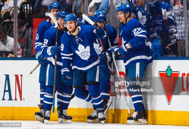 William Nylander of the Toronto Maple Leafs celebrates his goal with teammates Nikita Zaitsev, Jake Gardiner, Andreas Johnsson, and Nazem Kadri...