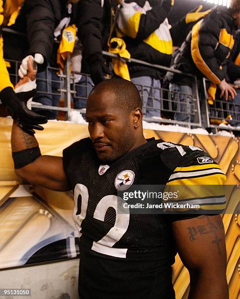 James Harrison of the Pittsburgh Steelers high fives fans as he walks off the field following the game against the Green Bay Packers on December 20,...