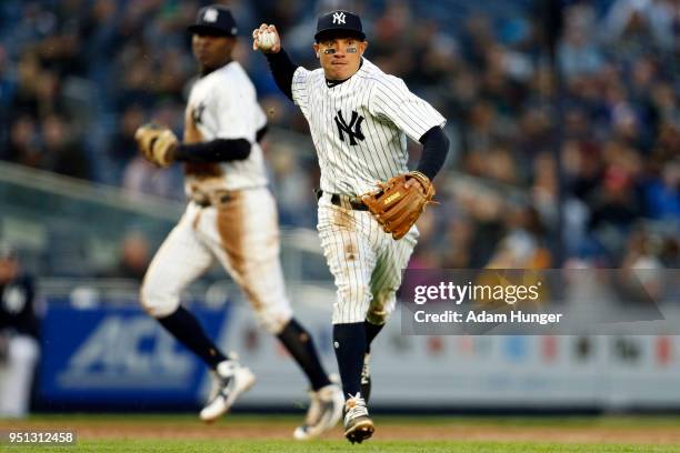 Ronald Torreyes of the New York Yankees in action against the Toronto Blue Jays during the third inning at Yankee Stadium on April 19, 2018 in the...