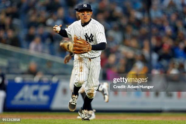 Ronald Torreyes of the New York Yankees in action against the Toronto Blue Jays during the third inning at Yankee Stadium on April 19, 2018 in the...