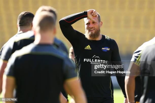 Brad Shields looks on during a Hurricanes Super Rugby Captain's Run at Westpac Stadium on April 26, 2018 in Wellington, New Zealand.