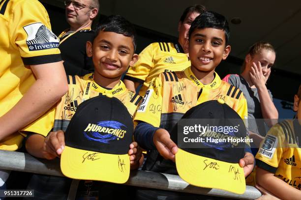 Young fans wait to meet players during a Hurricanes Super Rugby Captain's Run at Westpac Stadium on April 26, 2018 in Wellington, New Zealand.