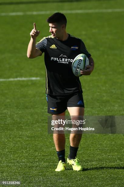 Jackson Garden-Bachop gestures during a Hurricanes Super Rugby Captain's Run at Westpac Stadium on April 26, 2018 in Wellington, New Zealand.