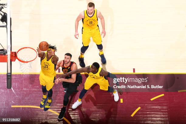 Myles Turner of the Indiana Pacers grabs the rebound against the Cleveland Cavaliers in Game Five of Round One of the 2018 NBA Playoffs on April 25,...