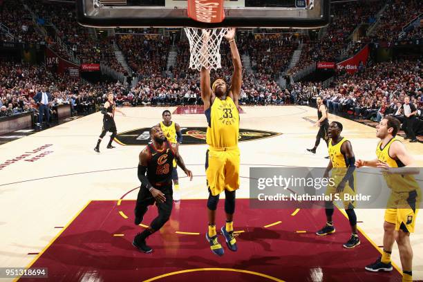 Myles Turner of the Indiana Pacers grabs the rebound against the Cleveland Cavaliers in Game Five of Round One of the 2018 NBA Playoffs on April 25,...