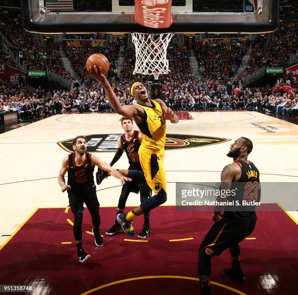 Myles Turner of the Indiana Pacers goes to the basket against the Cleveland Cavaliers in Game Five of Round One of the 2018 NBA Playoffs on April 25,...