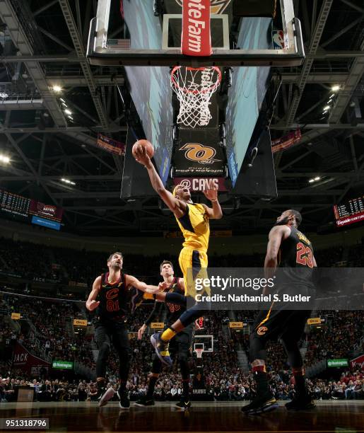 Myles Turner of the Indiana Pacers goes to the basket against the Cleveland Cavaliers in Game Five of Round One of the 2018 NBA Playoffs on April 25,...