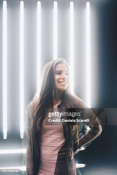 Pop Singer Emilia Pedersen attends at Amir Slama Front Row SPFW N45 Summer 2019 at Ibirapuera's Bienal Pavilion on April 24, 2018 in Sao Paulo,...