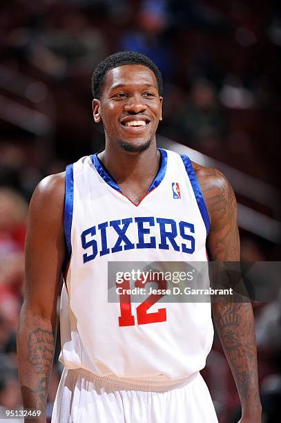 Royal Ivey of the Philadelphia 76ers looks on with a smile during the game against the Golden State Warriors at Wachovia Center on December 14, 2009...
